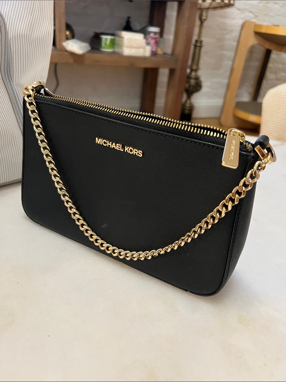 Michael Kors Black Leather Shoulder Bag with Gold Chain